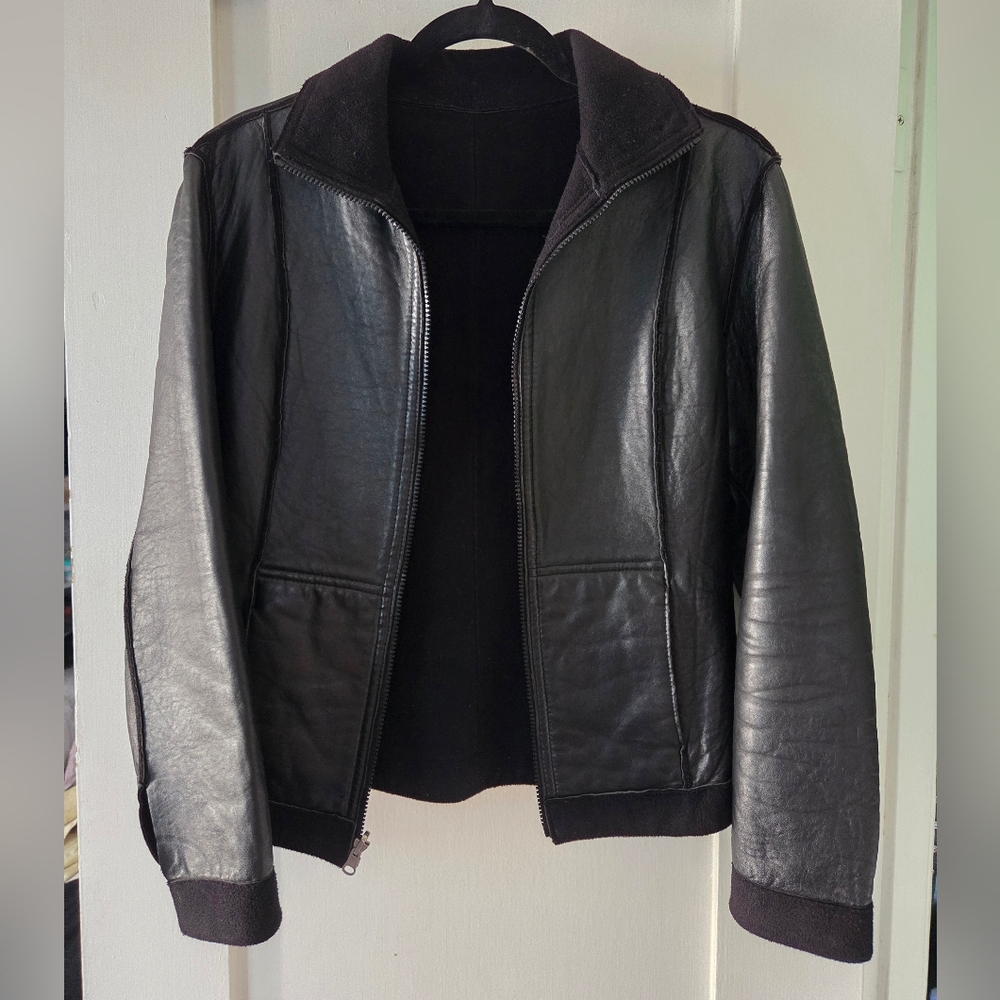 Womens Black Vintage Genuine Leather Jacket Size Small